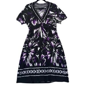 Y2K En Focus Studio Midi Dress Women 16 V-Neck Floral Smocked Waist Black Purple